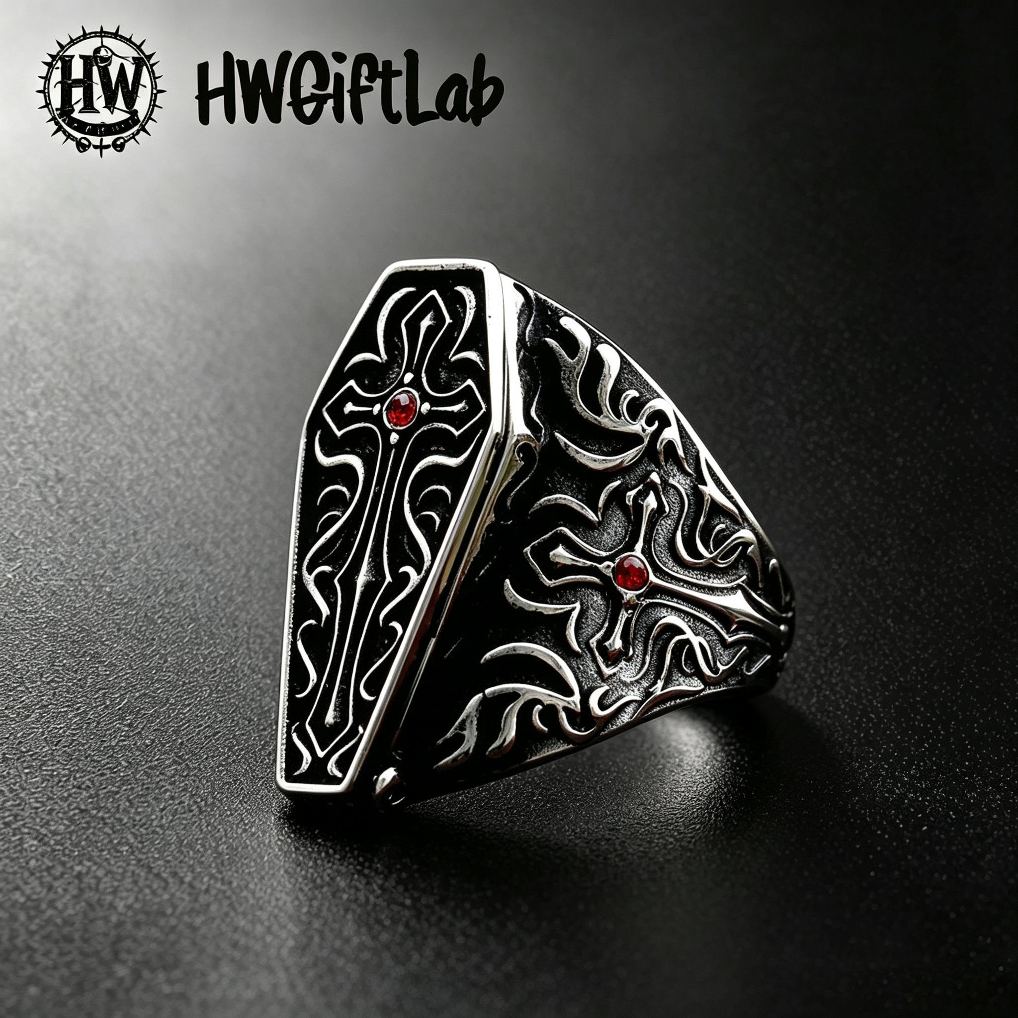 戒指C Cross Shield Red Heart Stone Ring - Image 1